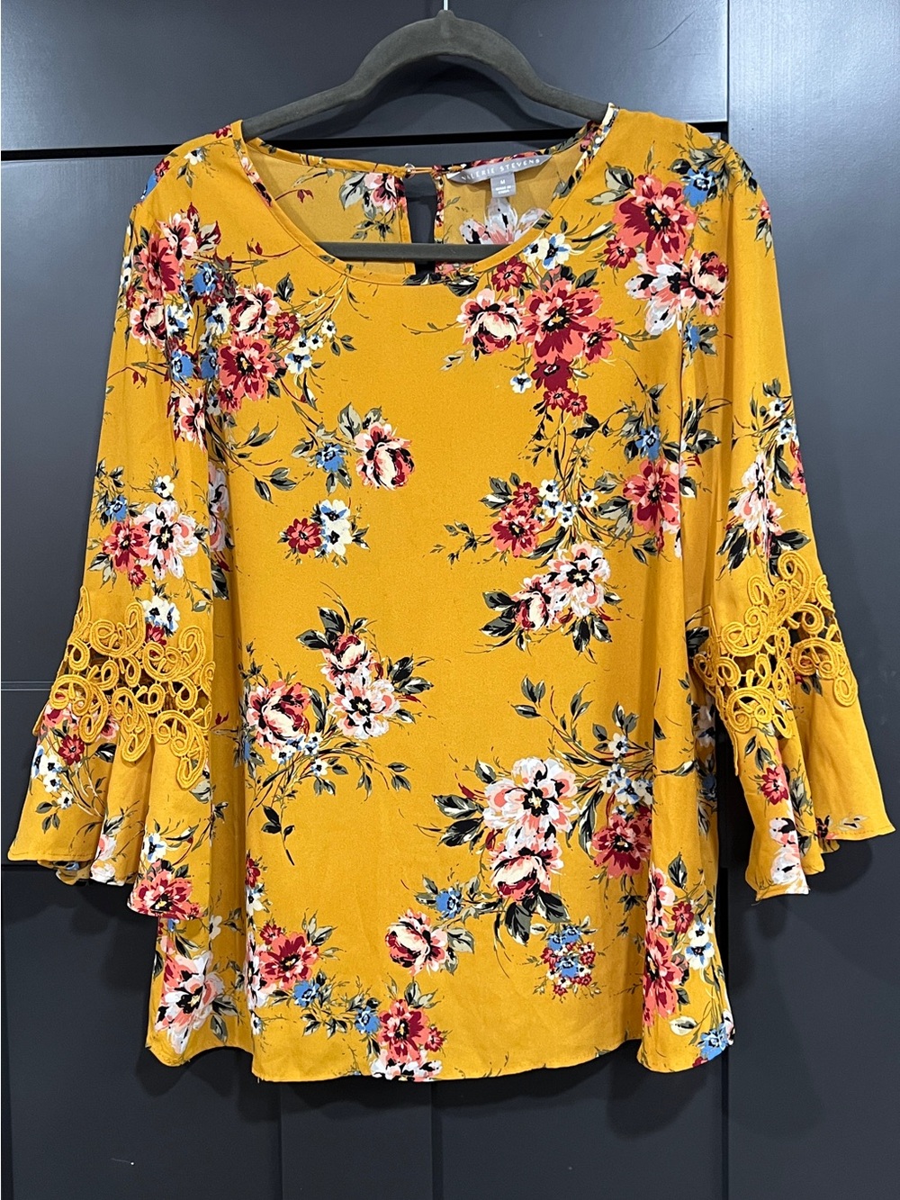 Valerie Stevens Mustard Floral Lace-Sleeve Blouse